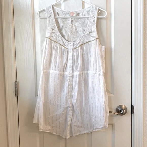 Free People Golden Metallic Goddess front button Tunic Top Ivory gold Medium - Picture 9 of 9